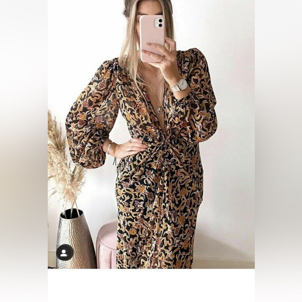 Zara Women Print Dress Knot Black Tan 8117/029 Size M NWT - Picture 6 of 16